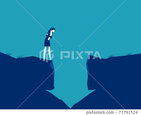 Businesswoman looking into a hole in the arrow shape. The falling arrow 71791524
