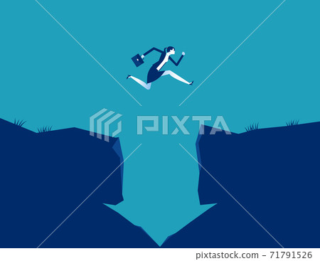 Businesswoman jumping crossing a cliff with downward arrow shaped 71791526