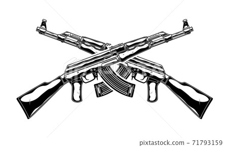 Monochrome detailed illustration of crossed kalashnikov assault rifle. Isolated vector template 71793159