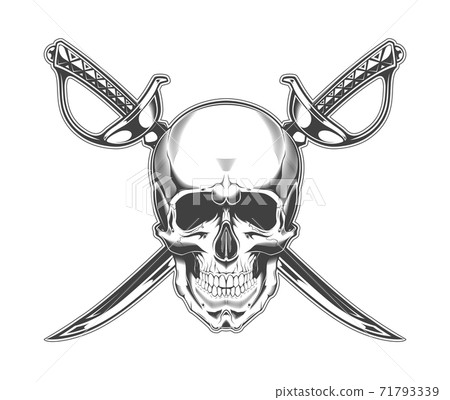 Vintage monochrome skull and crossed sabers illustration. Isolated vector template Vintage monochrome skull and crossed sabers illustration. Isolated vector template 71793339