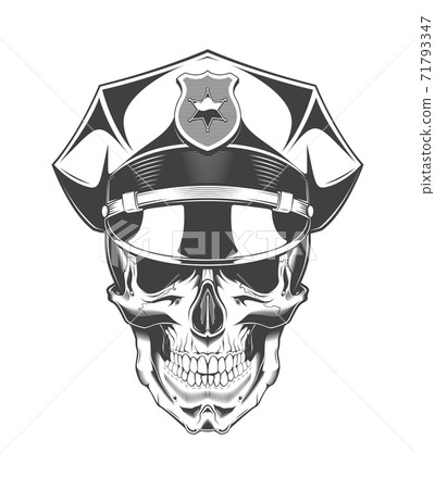 Vintage monochrome skull with police headdress illustration. Isolated vector template Vintage monochrome skull with police headdress illustration. Isolated vector template 71793347
