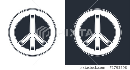 Monochrome peace symbol in round print vector icon. Vintage style isolated vector illustration. Monochrome peace symbol in round print vector icon. Vintage style isolated vector illustration. 71793398