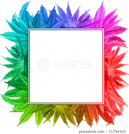 Watercolor rainbow cannabis frame. Hand drawn wild hemp plant wreath for greeting card, logo, frame or border Watercolor rainbow cannabis frame. Hand drawn wild hemp plant wreath for greeting card, logo, frame or border 71794342