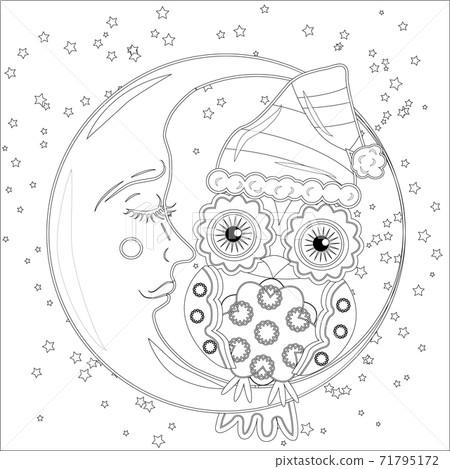 Coloring book for adult and older children. Coloring page with an owl on the moon among the stars. Coloring book for adult and older children. Coloring page with an owl on the moon among the stars. 71795172