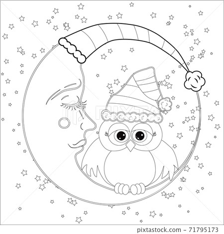 Coloring book for adult and older children. Coloring page with an owl on the moon among the stars. 71795173