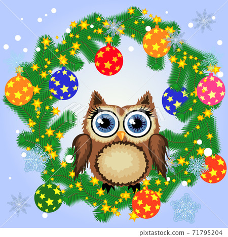 Greeting Christmas card Cute Cartoon Owl with... - Stock Illustration ...