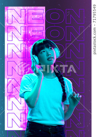 Beauty and fashion concept. Trendy neon light and gradient background. Modern design. Contemporary art collage. Beauty and fashion concept. Trendy neon light and gradient background. Modern design. Contemporary art collage. 71795549