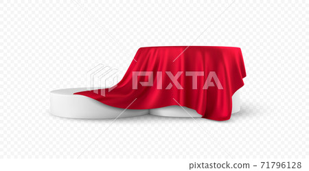 Realistic 3d round white product podium display covered red fabric drapery folds isolated on white background. Vector illustration 71796128