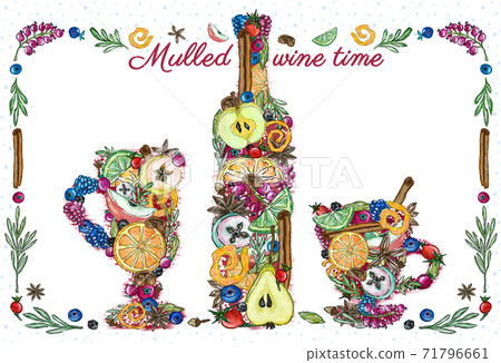 Frame with hot drinks illustrations for cafe, restaurant. Mulled wine Christmas bar menu template. 71796661