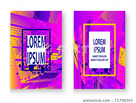 Artistic cover frame design paint splatter set vector illustration. Neon blurred pink yellow color gradient. Abstract texture geometric pattern trend background. Futuristic artwork template banner Artistic cover frame design paint splatter set vector illustration. Neon blurred pink yellow color gradient. Abstract texture geometric pattern trend background. Futuristic artwork template banner 71798303