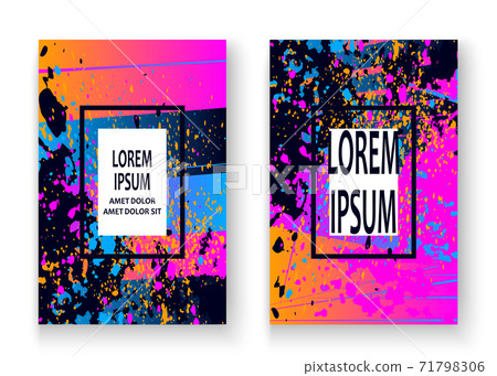 Artistic cover frame design with paint splatter set vector illustration. Neon blurred blue pink yellow gradient. Abstract retro style texture geometric pattern trend background.Modern artwork template Artistic cover frame design with paint splatter set vector illustration. Neon blurred blue pink yellow gradient. Abstract retro style texture geometric pattern trend background.Modern artwork template 71798306