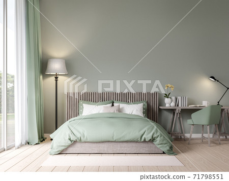 Bedroom in pastel green color with garden view 3D render 71798551