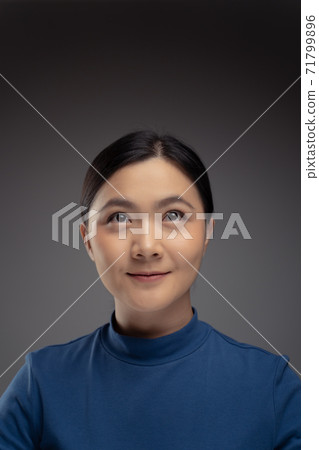 Close up shot of happy Asian woman look up with copy space. Close up shot of happy Asian woman look up with copy space. 71799896