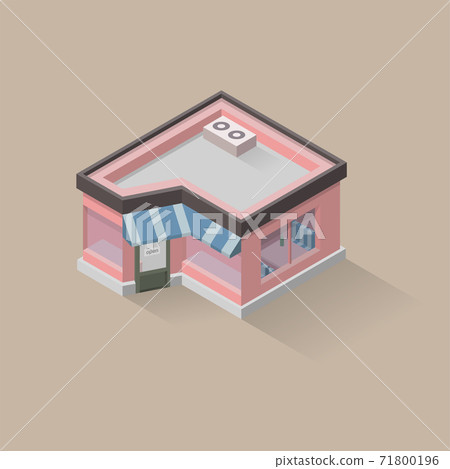 Vector isometric illustration of restaurant/bistro. Pink retro cafe. Vintage style. Store. Vector isometric illustration of restaurant/bistro. Pink retro cafe. Vintage style. Store. 71800196