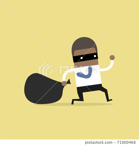 African businessman in burglar mask flees with stolen bag. 71800468