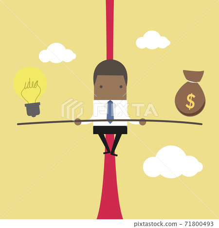African businessman balancing on the rope with ideas and money. 71800493