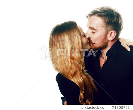 young tender couple, man and woman in love isolated on white, fooling around real modern hipster marriage, lifestyle people concept 71800791
