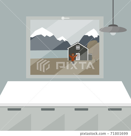 White kitchen table and window. There is wooden house in the yard, man raised his hands up and waving near the river and mountains in autumn or winter 71801699