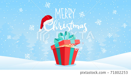 Merry christmas banner with copy space. Large gift box on a background of a winter landscape with snowflakes. Flat cartoon vector illustration for design. Merry christmas banner with copy space. Large gift box on a background of a winter landscape with snowflakes. Flat cartoon vector illustration for design. 71802253