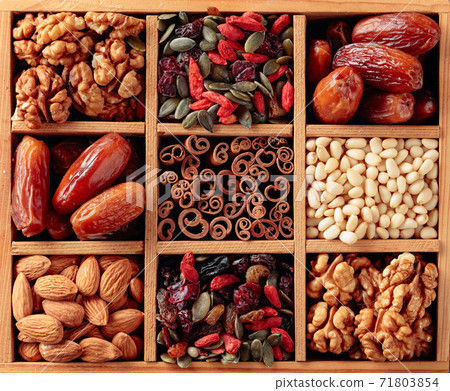 Dried fruits, various nuts and seeds in wooden box. Dried fruits, various nuts and seeds in wooden box. 71803854
