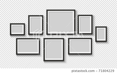 Black blank photo frame set. Vector empty pictures on wall. Square and rectangle art gallery poster Black blank photo frame set. Vector empty pictures on wall. Square and rectangle art gallery poster 71804229