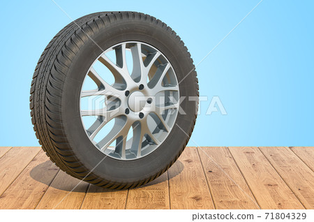 Car wheel on the wooden planks, 3D rendering Car wheel on the wooden planks, 3D rendering 71804329