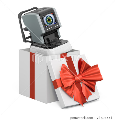Auto refractometer inside gift box, present concept. 3D rendering Auto refractometer inside gift box, present concept. 3D rendering 71804331