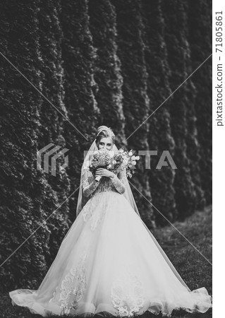 Beauty portrait of bride wearing fashion wedding dress with feathers with luxury delight make-up and hairstyle 71805861