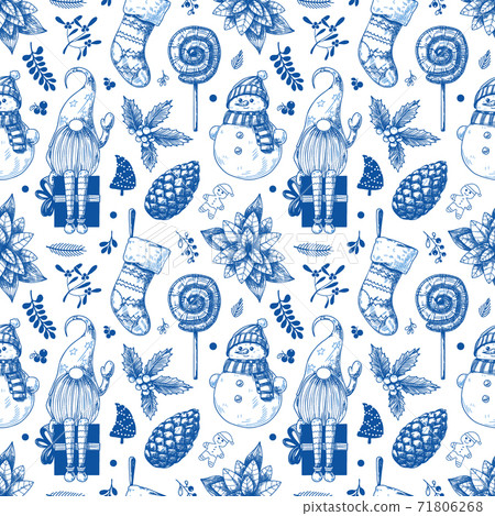 Christmas seamless pattern. Toys, snowman, wreath and other Christmas elements. Sketch Christmas seamless pattern. Toys, snowman, wreath and other Christmas elements. Sketch 71806268