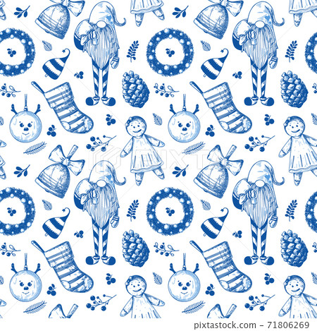 Christmas seamless pattern. Toys, snowman, wreath and other Christmas elements. Sketch Christmas seamless pattern. Toys, snowman, wreath and other Christmas elements. Sketch 71806269