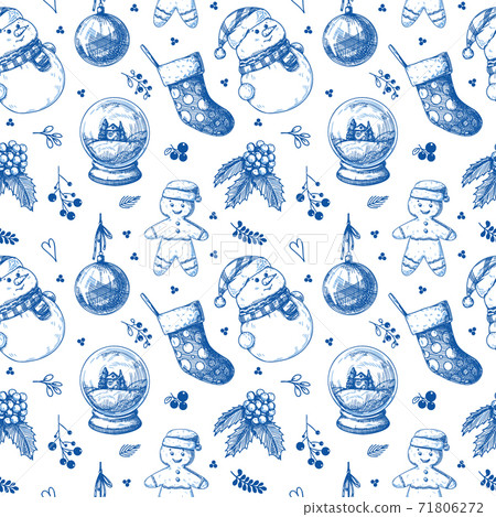 Christmas seamless pattern. Toys, snowman, wreath and other Christmas elements. Sketch 71806272