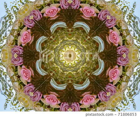 Pink and purple roses and green leaves made into an abstract shape at sunset for a California wedding Pink and purple roses and green leaves made into an abstract shape at sunset for a California wedding 71806853