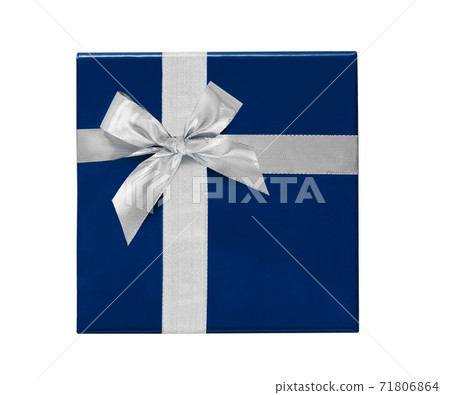 Blue Gift box with silver ribbon and bow isolated on white. Blue Gift box with silver ribbon and bow isolated on white. 71806864