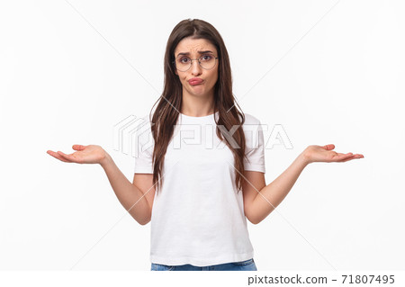 Waist-up portrait of pretty girl shrugging and smirk indecisive, troubled to answer, dont know what to do, unaware how solve situation, standing confused and frustrated, white background Waist-up portrait of pretty girl shrugging and smirk indecisive, troubled to answer, dont know what to do, unaware how solve situation, standing confused and frustrated, white background 71807495