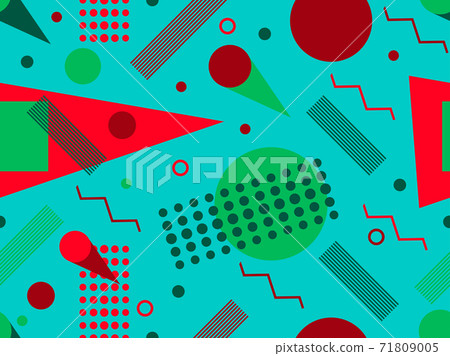 Seamless pattern with geometric shapes in the style of the 80s. Multicolored vintage background with triangles, circles and squares for brochures, banners and wrapping paper. Vector illustration 71809005