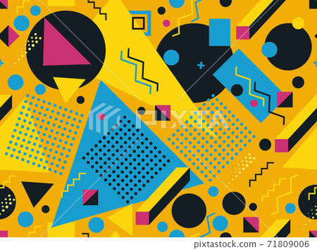 Seamless pattern with geometric shapes in the style of the 80s. Multicolored vintage background with triangles, circles and squares for brochures, banners and wrapping paper. Vector illustration Seamless pattern with geometric shapes in the style of the 80s. Multicolored vintage background with triangles, circles and squares for brochures, banners and wrapping paper. Vector illustration 71809006
