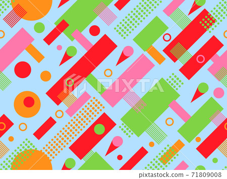 Seamless pattern with geometric shapes in the style of the 80s. Multicolored vintage background with triangles, circles and squares for brochures, banners and wrapping paper. Vector illustration 71809008