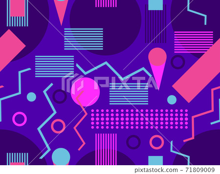 Seamless pattern with geometric shapes in the style of the 80s. Multicolored vintage background with triangles, circles and squares for brochures, banners and wrapping paper. Vector illustration 71809009