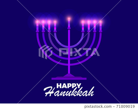 Happy Hanukkah. Menorah with nine candles. Purple Candle Light. Jewish festival greeting card. Vector illustration Happy Hanukkah. Menorah with nine candles. Purple Candle Light. Jewish festival greeting card. Vector illustration 71809019