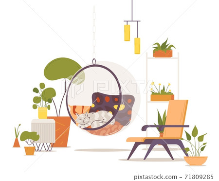 Cosy interior with flower pots, bubble chair with sleeping cat inside. Vector indoors scene good for pet cafe or home Cosy interior with flower pots, bubble chair with sleeping cat inside. Vector indoors scene good for pet cafe or home 71809285