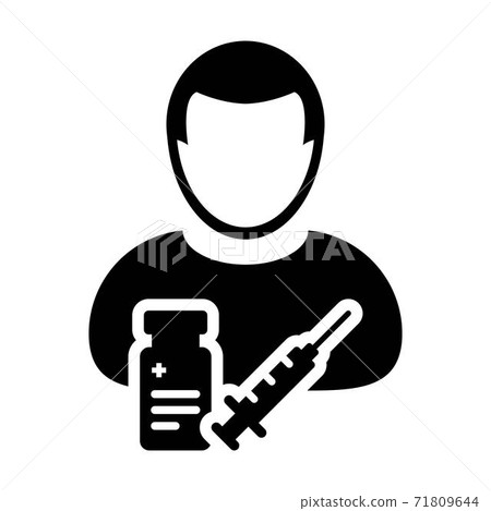 Vaccine icon vector with syringe male user person profile avatar symbol for medical and healthcare treatment in a glyph pictogram illustration 71809644