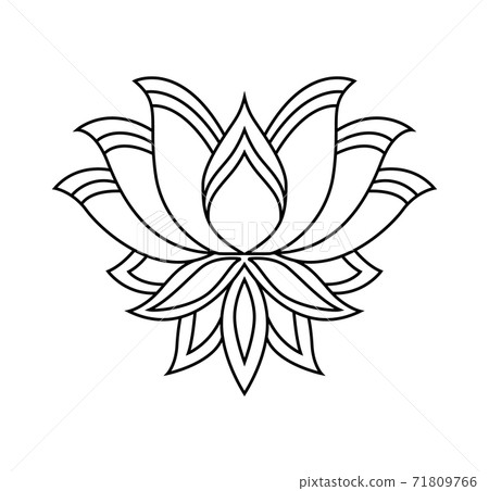 Lotus icon. Monochrome blooming flower. Hand drawn lotos flower illustration isolated on white background. Black linear petals of plant in coloring style 71809766