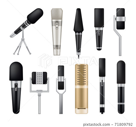 Microphones collection. Recorders or dictaphones for reporters. Professional media music studio equipment. Audio podcast broadcast or music record technology set of broadcasting concert equipment 71809792