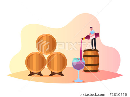 Tiny Male Character Stand on Huge Barrel Pouring Wine in Glass. Tasting Wine at Vault, Winemaking Batonnage, Maceration Tiny Male Character Stand on Huge Barrel Pouring Wine in Glass. Tasting Wine at Vault, Winemaking Batonnage, Maceration 71810556