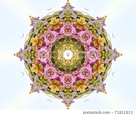 Abstract circular floral design with pink yellow and red roses on a field of white Abstract circular floral design with pink yellow and red roses on a field of white 71812813