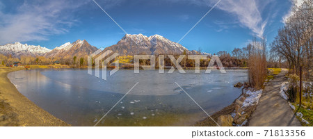 Clear Panorama Scenic panorama of a lake against snow capped mountain and blue sky in winter Clear Panorama Scenic panorama of a lake against snow capped mountain and blue sky in winter 71813356