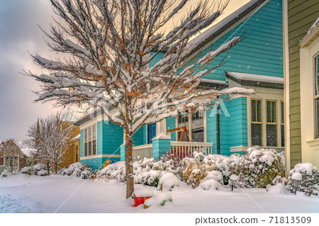 Scenic view of a neighborhood in Daybreak Utah frosted with snow in winter Scenic view of a neighborhood in Daybreak Utah frosted with snow in winter 71813509