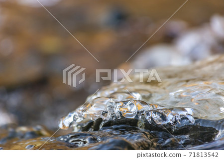 Close up of smooth and translucent frozen water covering dark rocks Close up of smooth and translucent frozen water covering dark rocks 71813542