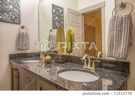 Elegant vanity unit inside a bathroom with wooden cabinets and double sink Elegant vanity unit inside a bathroom with wooden cabinets and double sink 71813778