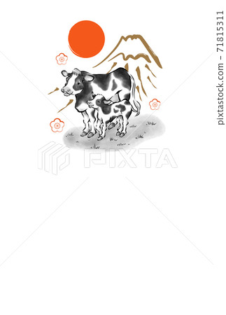 New Year 2021 Ox year cow parent and child and Mt. Fuji sumi picture New Year's card [no letters] 71815311